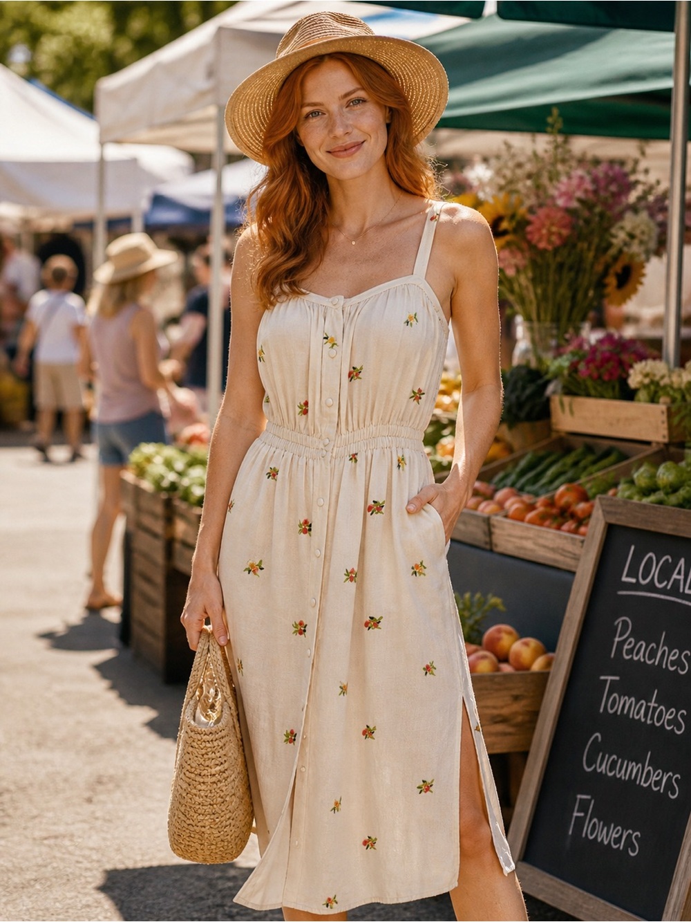 Cream Floral Midi Sundress Button Front Black Tape Dex Small Summer embroidered - Picture 10 of 10